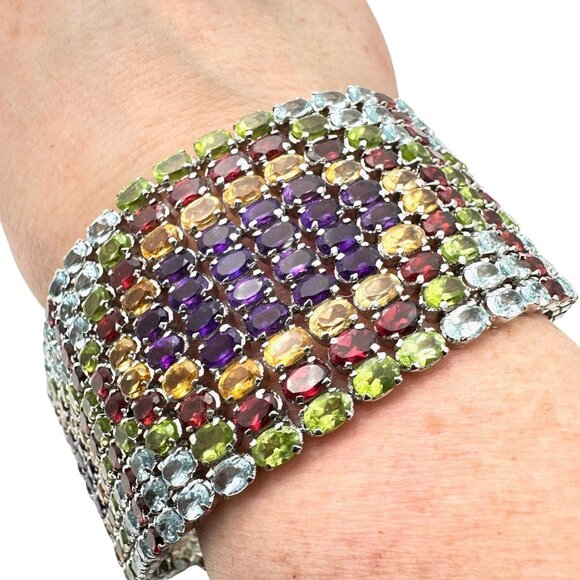 Luxury Wide Multi Gemstone Sterling Silver Bracelet 122 Grams 7.5 Inch - Picture 2 of 6